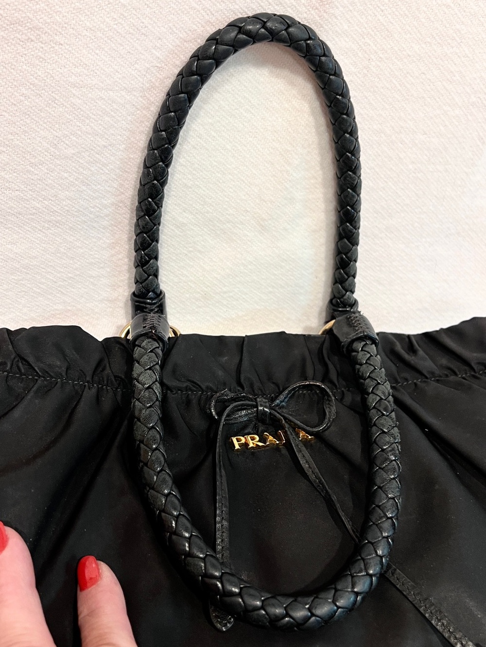 Prada⭐️BOW BAG! Black Nylon Drawstring Shoulder Bag with Braided Handles